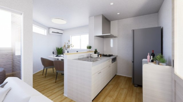 鳴尾町3丁目 新築戸建のキッチン|会話が弾む対面キッチンで、お子様を見守りながら安心してお料理が楽しめます♪
（イメージパース）