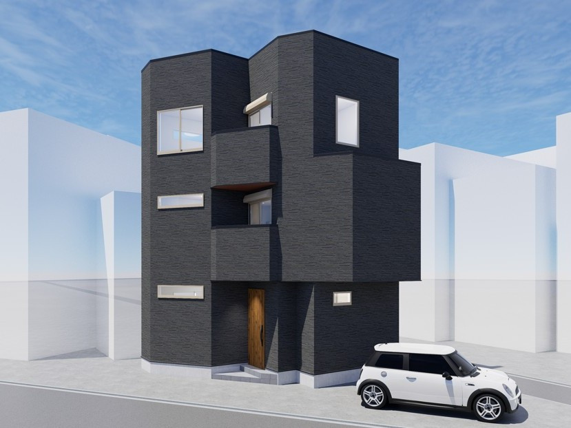 鳴尾町3丁目 新築戸建の外観パース|重厚感あふれるダークトーンの外観が、街並みに凛とした存在感を放つ一邸
立体的に重なり合うフォルムが、モダンで洗練された印象を演出
（外観イメージパース）