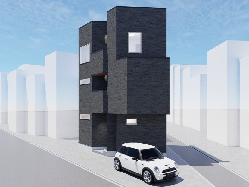 鳴尾町3丁目 新築戸建の外観パース|プライバシーに配慮した窓配置と、奥行きを感じさせるバルコニー設計
駐車スペース1台分（車種による）あり
雨の日や荷物の多い日も安心です（外観イメージパース）