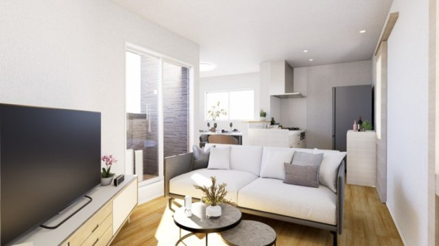 鳴尾町3丁目 新築戸建の居間・リビング|自然と家族があつまる2階LDK
限られた敷地を有効に活かし、家族みんなでくつろげる空間に
（イメージパース）