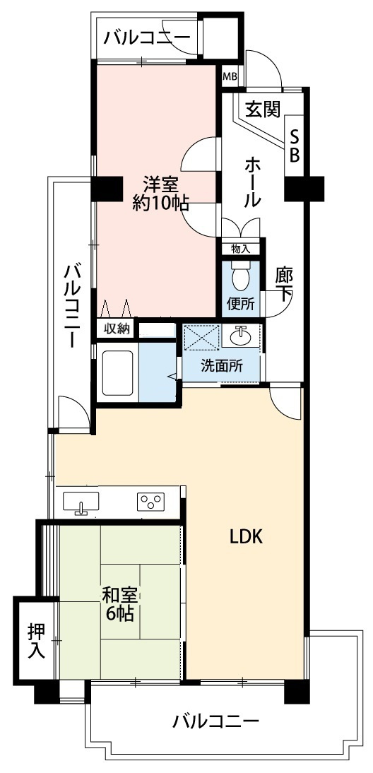 ナビハイツ小牧Ⅱ　の間取り|南西角部屋・３面バルコニー・通風良好！
南面のリビングと和室６帖の続き間でゆとりの空間♪