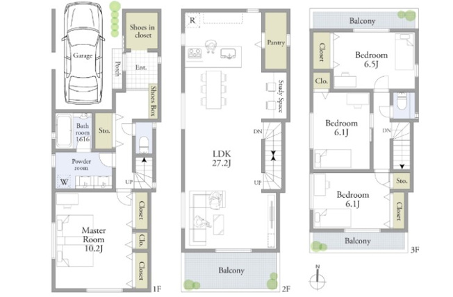 【参考プラン】 | 目黒区目黒本町４丁目　売地 | 建物プラン例 建物価格　3330万円、建物面積150.19m2　全居室6帖以上の４ベッドルーム、27帖のLDK、ビルトイン車庫