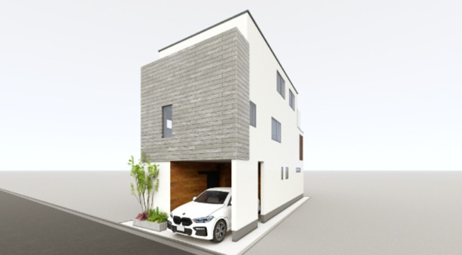 【外観パース】 | 目黒区目黒本町４丁目　売地 | 建物プラン例 建物価格　3330万円、建物面積150.19㎡　全居室6帖以上の４ベッドルーム、27帖のLDK、ビルトイン車庫
