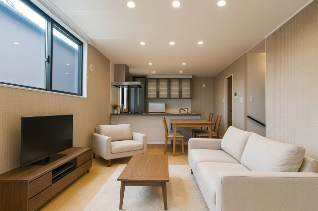 八潮市　　大瀬　新築戸建　全1棟の居間・リビング|光と風が巡る開放空間。自然と団らんが生まれる。※家具をCGで加工しており、家具付き販売ではございません。

