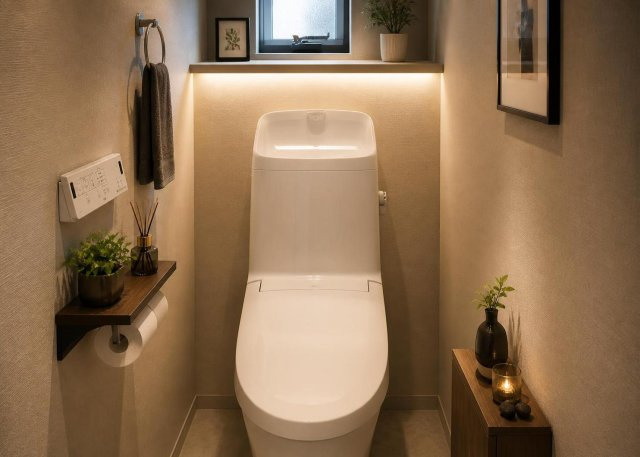 【トイレ】 | 快適な温水洗浄便座付きのトイレは、1階と2階の合計2ヶ所に設置されています。忙しい朝の時間帯でもご家族間でバッティングせず安心してご使用いただけます。衛生面にも配慮された清潔感のある空間です。