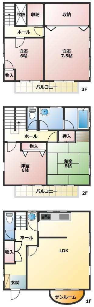 久喜市西大輪4丁目　中古一戸建ての間取り|雨の日や花粉症対策をしながら洗濯物が干せる採光性の高いサンルーム付き♪
