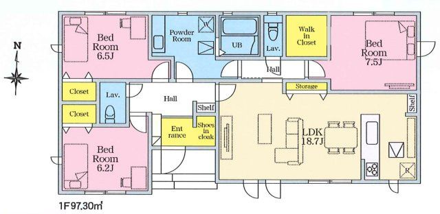 【新築戸建】前橋市朝倉町3丁目01期の間取り|■間取り図｜敷地面積：221.04（約66.86坪）　建物面積：97.30（約29.43坪）