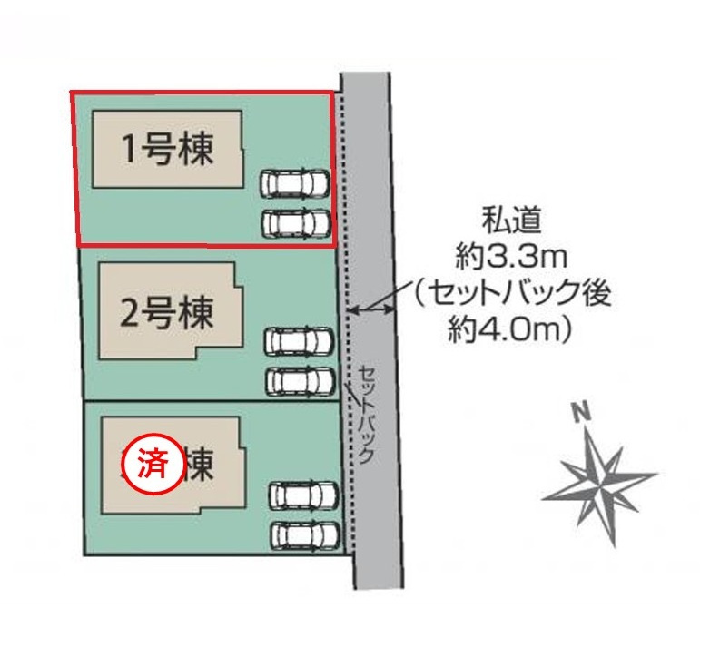ブルーミングガーデン  水戸市赤塚１丁目　1の区画図|並列駐車可能なカースペースを確保。毎日のお車の出し入れがストレスなく行えます！
内覧可能です。ご予約はHPから、またお電話でも、お気軽にどうぞ。