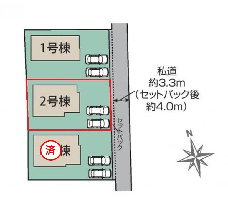 ブルーミングガーデン  水戸市赤塚１丁目　2の区画図|並列駐車可能なカースペースを確保。毎日のお車の出し入れがストレスなく行えます！
内覧可能です。ご予約はHPから、またお電話でも、お気軽にどうぞ。