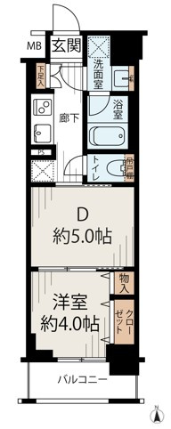 日神デュオステージ浅草今戸の間取り|1DK　専有面積/30.32平米　バルコニー面積/3.84平米