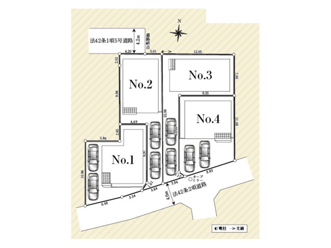 【区画図】 | 川越市寺尾　新築一戸建住宅　全4棟　(ふじみ野店) | 3号棟/セカンドカーや来客車にも対応可能な2台分の駐車スペース付き(車種によります)。※図面を基に作成しています。現況と異なる場合は現況を優先いたします。