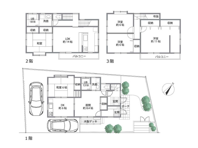 【間取り】 | 富士見市関沢2丁目　中古一戸建住宅　(ふじみ野店) | 2世帯住宅・賃貸併用可能！1階1LDK、2・3階4LDKの広々とした住まい。※図面を基に作成しています。現況と異なる場合は現況を優先いたします。