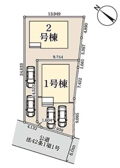 伊奈町中央　全2棟の区画図|前面道路は広々6m。区画整理施工済みの美しい街並みで、駐車もスムーズです。1号棟は敷地150㎡、並列2台駐車も可能。余裕ある配棟が、プライバシーと開放感を生み出します。
