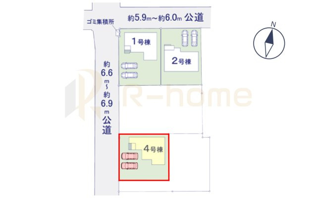 土浦市木田余1期　新築戸建て　4号棟の区画図|大きなお買い物だからこそ、メリット・デメリットを伝えさせて頂きます。
R-homeにお任せください♪