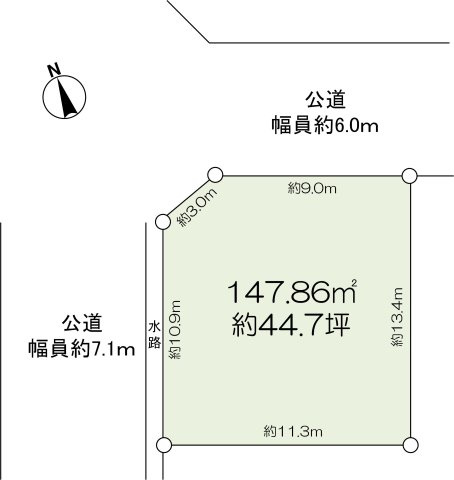 西宮市松山町土地の土地図|敷地面積147.86㎡、約44.7坪