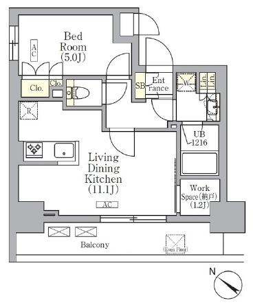 ORSUS(オルサス)三ノ輪の間取り|インターネット無料、リビングと洋室にエアコンと照明付、リビング隣に1.2帖のワークスペース、リビングと独立した洋室です