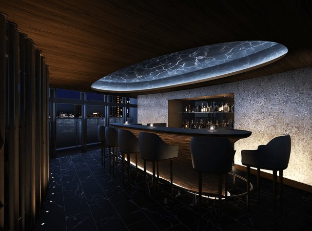 ゲストルーム［１］サウナや肩湯バスを備えたゲストルーム。遮るもののないワイドウィンドウからの眺望とともに、非日常のリラグゼーションタイムをお過ごしいただくことができます。