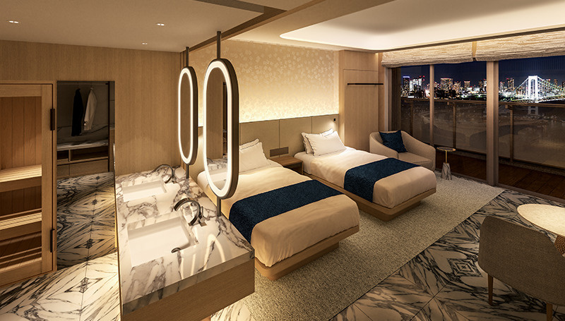 ゲストルーム［２］マイクロバブルバスや湯上がりに寛げるソファーをご用意したほか、木の形状を生かした銘木ベンチや銘木テーブルを設え木の温もりに包まれる寛ぎの時間をご提供します。