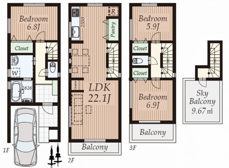 品川区西大井　建築条件付き売地A区画の参考プラン|LDK２２帖以上の3LDK　延床面積；106.79㎡　参考価格；4330万円