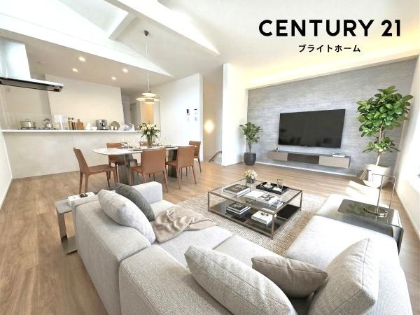 横浜市南区大岡１丁目の新築一戸建の居間・リビング|自慢したくなるリビング！
形も良く家具の配置にも困りません。
※家具等はＣＧでの参考レイアウトです。