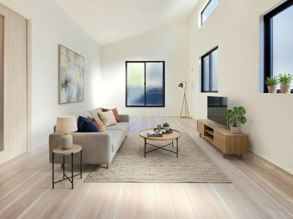 横浜市南区大岡１丁目の新築一戸建の居間・リビング|自慢したくなるリビング！
形も良く家具の配置にも困りません。
※家具等はＣＧでの参考レイアウトです。