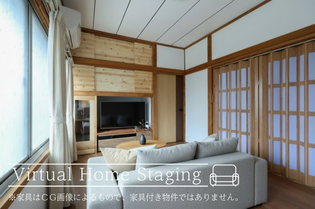 八幡町戸建ての居間・リビング|リビングの家具配置イメージです（家具はAI生成）
