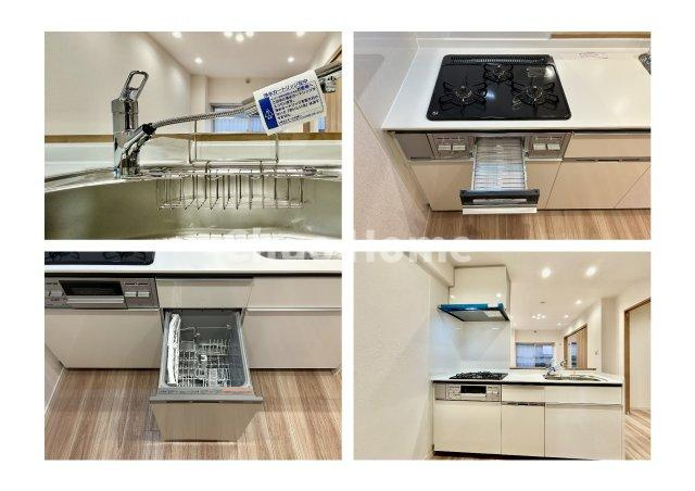 NICアーバンハイム亀戸のキッチン|【システムキッチン】ワイドで収納豊富な使い勝手の良いカウンターキッチンには、食洗器・伸縮タイプのキッチン水栓、三ツ口コンロ・魚焼きグリルなどの便利な設備が標準完備されています。