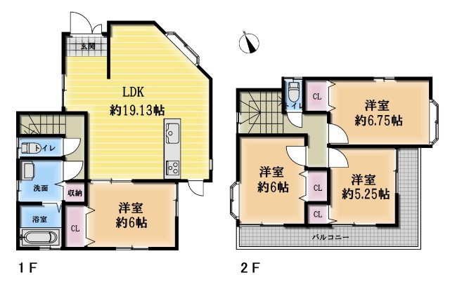 【間取り】 | 〇●秦野市平沢 中古戸建●〇 | 【4LDK】1F：LDK約19.13帖、洋室約6帖　2F：洋室6.75帖・6帖・5.25帖
