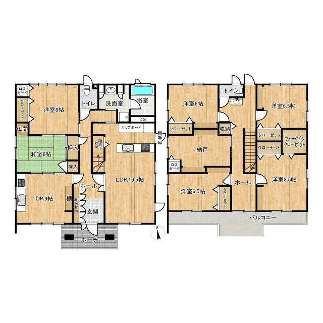 堤二丁目　ガレージ付き中古戸建ての間取り|6SLDK+DKで二世帯住宅にも対応しています！収納も豊富で快適な間取りです！