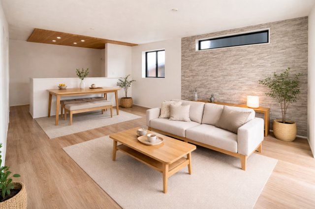 橿原市東坊城町1棟の居間・リビング|16帖のリビングダイニングです。掲載写真の家具・インテリアはAIによる配置イメージです。実際には家具は設置されておりません。