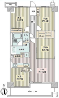 【間取り】 | グレーシアハイム海老名 | 南向き　4LDK　２面採光　全居室収納付き　WIC×2か所　