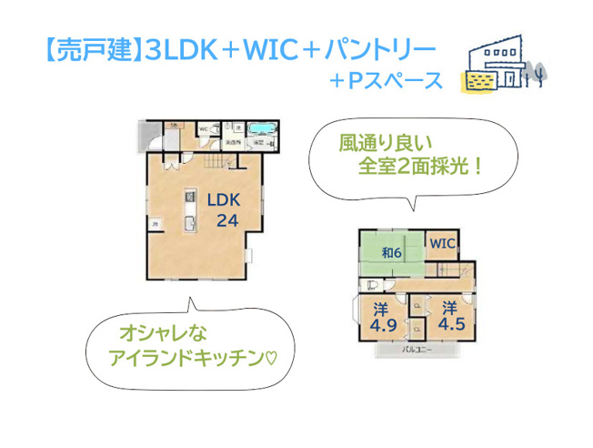 【間取り】 | ２４帖の大型リビングには、オシャレな「アイランドキッチン」を配置◎
キッチンには「パントリー」メイン居室に「WIC」を備えた、収納にゆとりあるお住まいです♪ぜひご内見下さい。