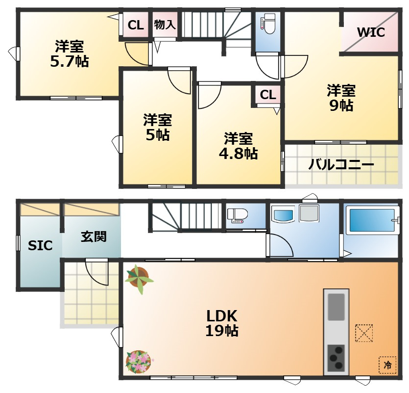 リガーレ小山市城北15期の間取り|全室南向きで陽当たりの良い間取りです