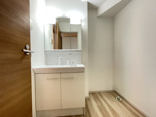藤岡市岡之郷１期（全１棟）１号棟の独立洗面台|三面鏡の裏に収納があり便利です。継ぎ目や隙間が無く汚れてもささっと拭くだけのお掃除に配慮したカウンターです(^▽^)/