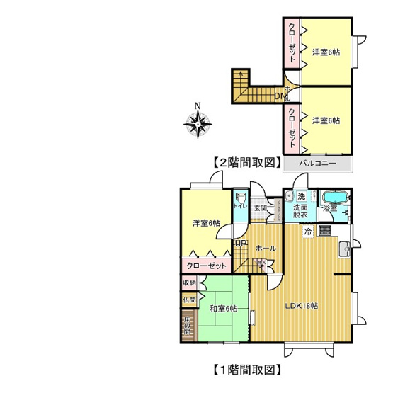 【間取り】 | 北見市東三輪５丁目５番地４９　中古売家 外１筆 | 間取りは4LDKで1階18帖LDKと洋室6帖と和室6帖の2室です。2階は洋室6帖が2室あります。