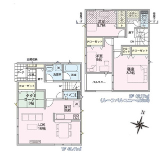 【間取り】 | 新築　新潟市西区松海が丘第4  2号 | 3LDKS＋畳コーナー＋WICの間取り、駐車スペース2台可です('ω')ノ