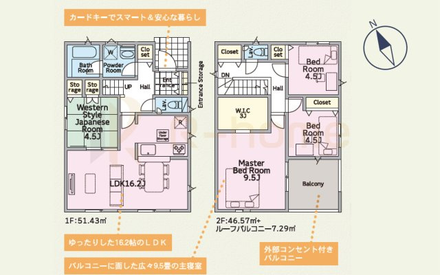 石岡市東光台第4　新築戸建て　2号棟の間取り|4LDK＋WIC、土地面積157.82ｍ2、建物面積98.00ｍ2