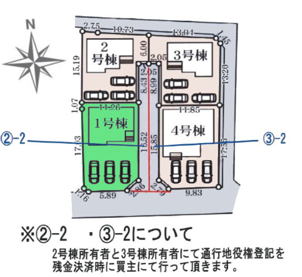 【区画図】 | リーブルガーデン.S高崎市金古町第5ー① | 開放的な南西向き角地に面した1棟！カースペースは並列3台駐車可能！