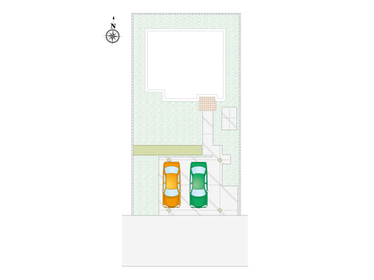 【4号棟：区画図】並列２台駐車可能です。南道路で陽当たりもよく、広い庭でお子様ものびのびと遊べます。