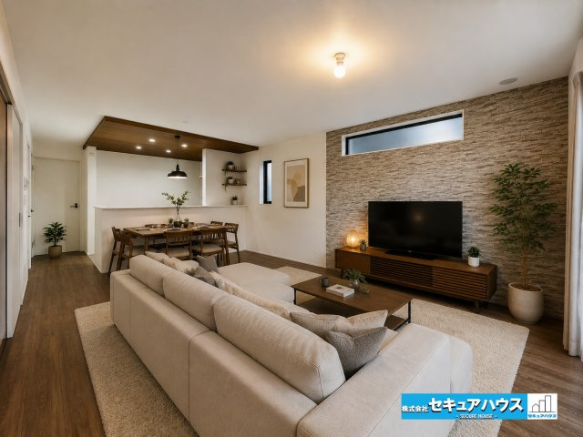 【本日ご案内可能】愛知郡東郷町大字春木字白土　全1棟の居間・リビング|【LDKに家具を配置したイメージ図】
◆シンプルなデザインのリビングのため好きなテイストの空間をつくることができます。
◆ダイニングテーブルや大きなソファを置くことが可能な16帖リビングです。　　　　