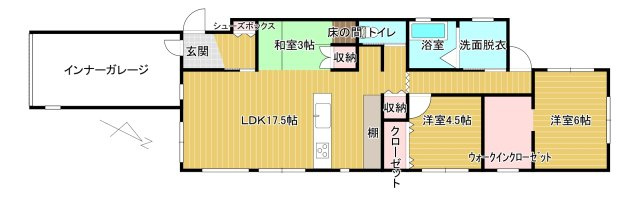 日南市飫肥地区　インナーガレージ付きのコンパクトな間取りの住宅です！の間取り