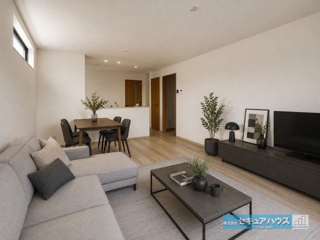 【今からご案内可能】豊明市栄町西大根　全1棟の居間・リビング|【リビングに家具を配置したイメージ写真】
◆シンプルなデザインのリビングのため好きなテイストの空間をつくりやすいです。
◆16.25帖リビングにはダイニングテーブルや大きめのソファを置くことも可能♪　