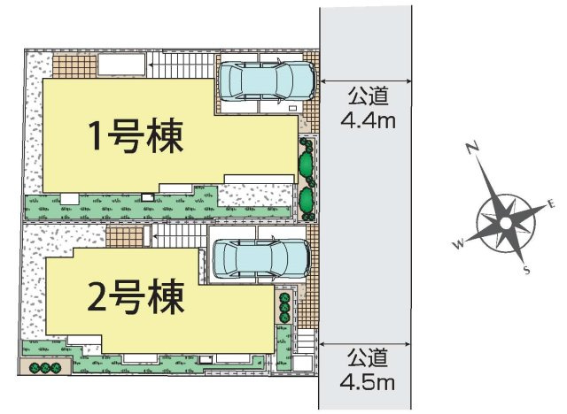 【吹抜けリビング×全室南西向きの明るい家】光と開放感に包まれる暮らし｜仲介手数料無料の区画図|前面道路は約4.4ｍあり、車の出し入れもスムーズ。1号棟は道路との高低差により外からの視線を感じにくく、プライバシーにも配慮された配置です。周辺は落ち着いた住宅街で、静かに暮らせる住環境が魅力です。