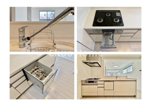 江東区亀戸7丁目中古住宅のキッチン|【システムキッチン】ワイドで収納豊富な使い勝手の良いカウンターキッチンには、食洗器や伸縮タイプのキッチン水栓、三ツ口コンロ・魚焼きグリルなどの便利な設備が標準完備されています。