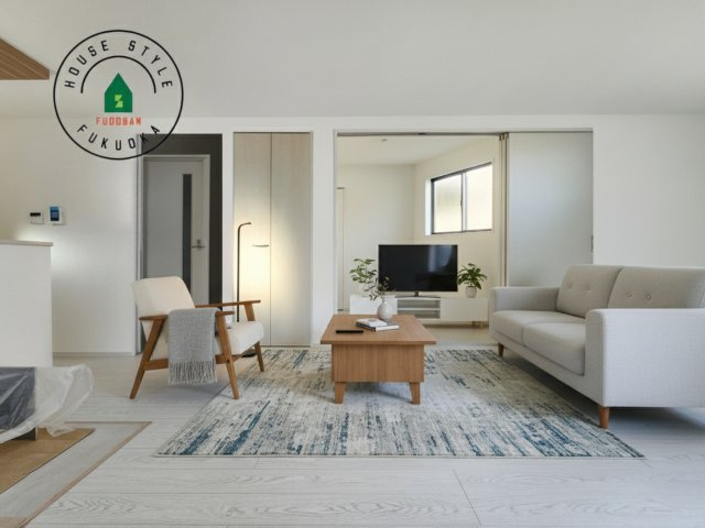 福岡市西区周船寺2丁目第2-2棟（8号棟）の内観：施工例|明るく開放的なリビングダイニングは豊かな陽光が注ぎ込み、やすらぎの空間を演出してくれます。ご家族で楽しいひとときをお過ごし下さい。※家具はCGを合成したものです。