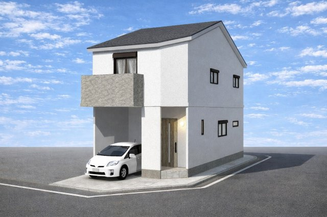 東野竹田　新築参考プランの外観パース|【外観イメージパース】
建物の雰囲気をイメージしやすい外観パース図です。自由設計の為、外観デザインなどお客様のお好みに変更が可能です！（新築参考プラン：建物面積62.06㎡、建物価格1598万円）