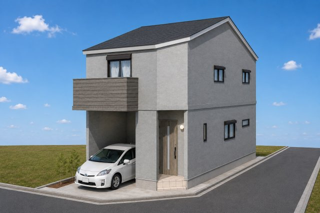 東野竹田　新築参考プランの外観パース|【外観イメージパース】
建物の雰囲気をイメージしやすい外観パース図です。自由設計の為、外観デザインなどお客様のお好みに変更が可能です！（新築参考プラン：建物面積62.06㎡、建物価格1598万円）