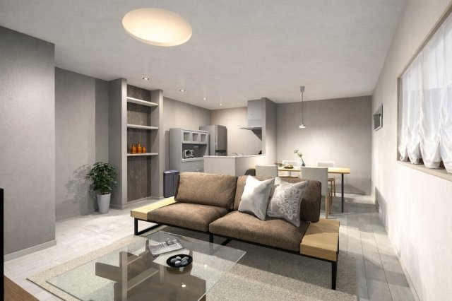 東野竹田　新築参考プランの完成予想図|【LDKイメージパース】
家具配置の参考にもなるイメージパース図です。お部屋の広さや雰囲気のイメージが膨らみますね♪（新築参考プラン：建物面積62.06㎡、建物価格1598万円）