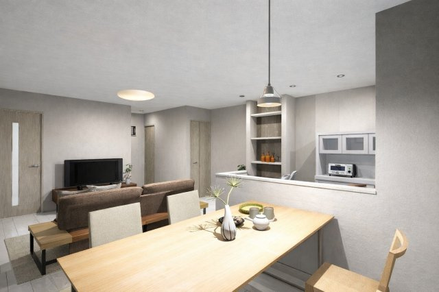 東野竹田　新築参考プランの完成予想図|【LDKイメージパース】
リビングが見える対面キッチンの為、お料理中も会話が弾みますね♪（新築参考プラン：建物面積62.06㎡、建物価格1598万円）