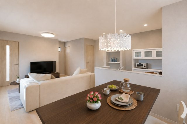 東野竹田　新築参考プランの完成予想図|【LDKイメージパース】
モデルハウスへのご案内も可能です！（新築参考プラン：建物面積62.06㎡、建物価格1598万円）